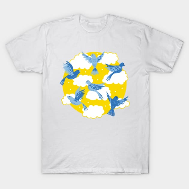 Blue Birds on a Sunny Yellow Sky T-Shirt by latheandquill